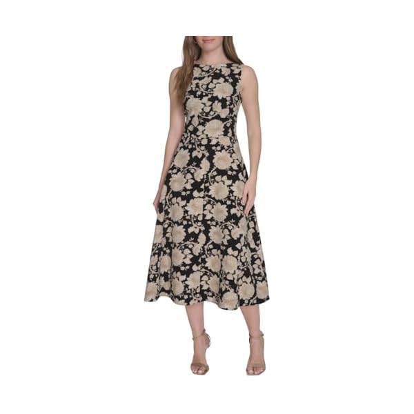 Womens Sleeveless Boat Neck Fit & Flare Midi Dress