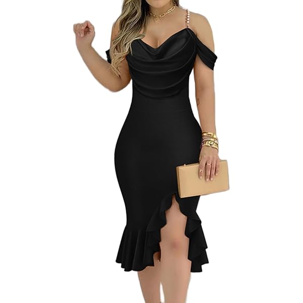 Womens Sexy Bodycon Party Dress Off The Shoulder Pearls Strap Midi Dress Ruffle Hem Cocktail Dresses