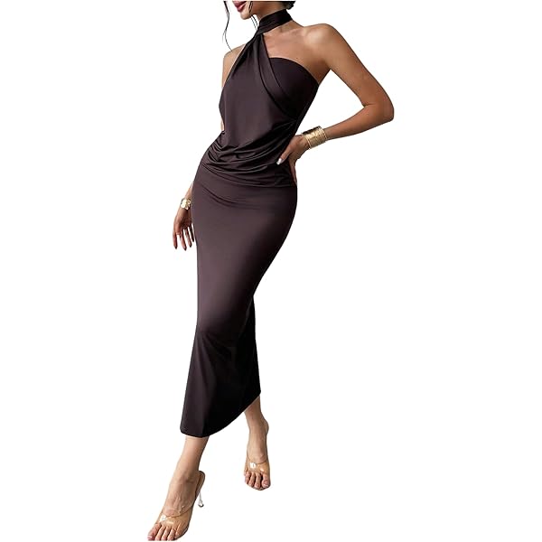 Women's Sleeveless Bodycon Dress One Shoulder Backless Ruched Cocktail Party Evening Long Dresses