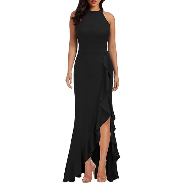 Women's High Neck Split Bodycon Mermaid Evening Cocktail Long Dress